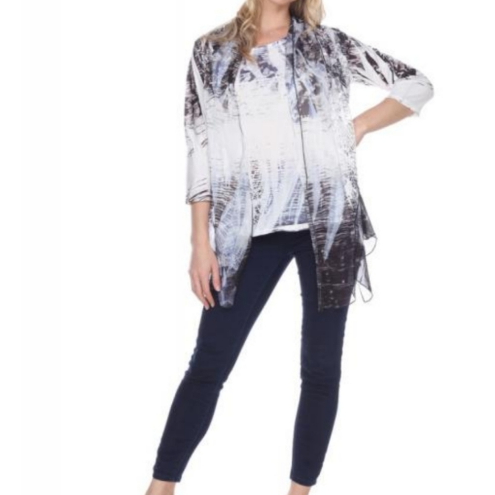 2 piece tie dye ombre lace draped sleeveless jacket + top open knit blouse